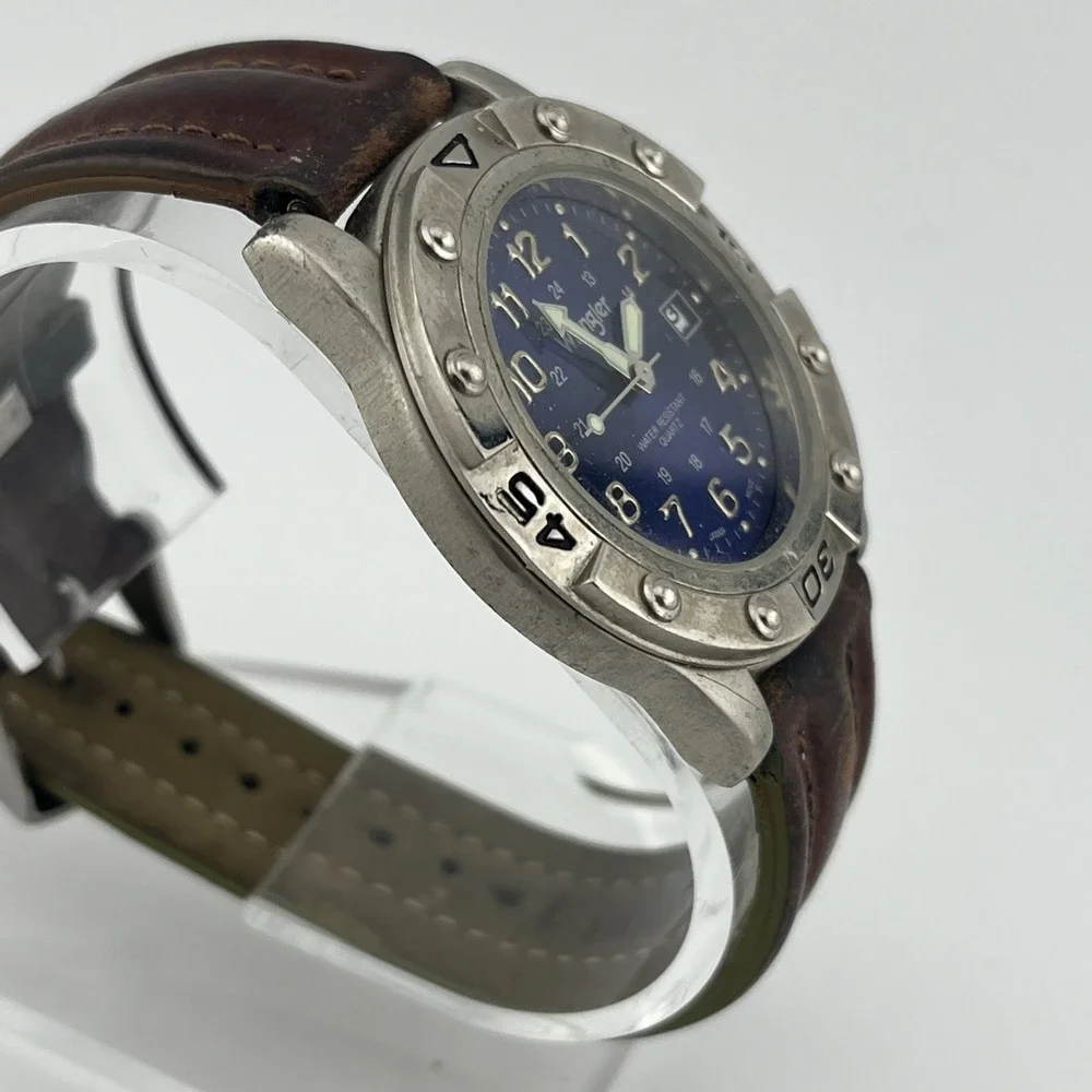 Wrangler Hero Watch Men 40mm Case Blue Dial Brown Leather Band- New Battery‎